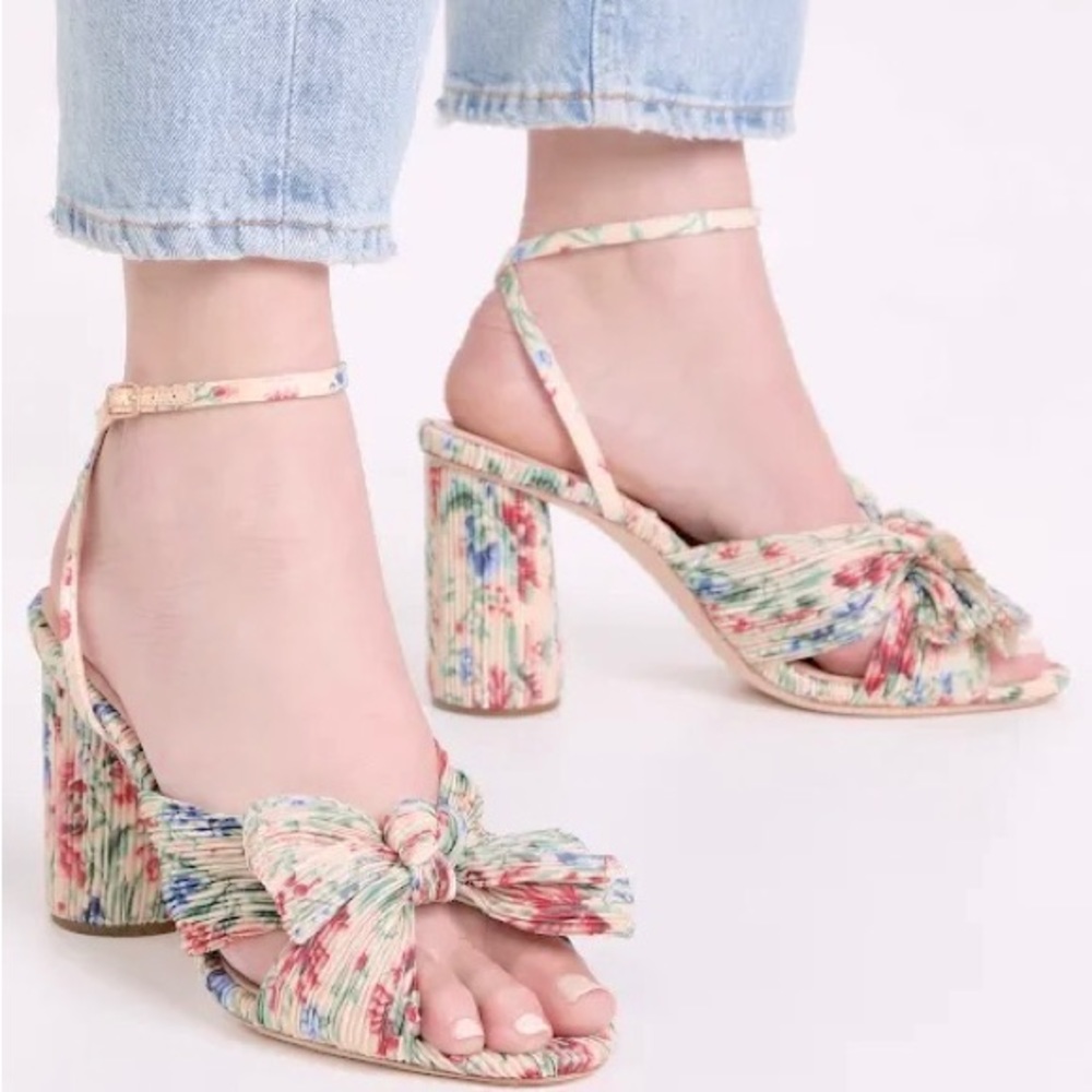 Camellia Pleated Bow Heel Sandals Loeffler Randall Women's Tan Vine Floral - Picture 1 of 4